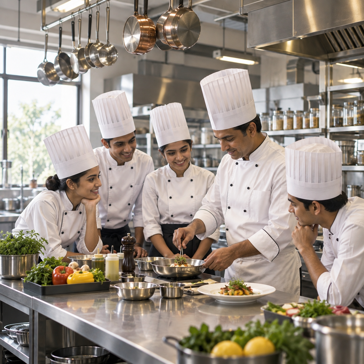 Culinary students learning with a chef instructor
