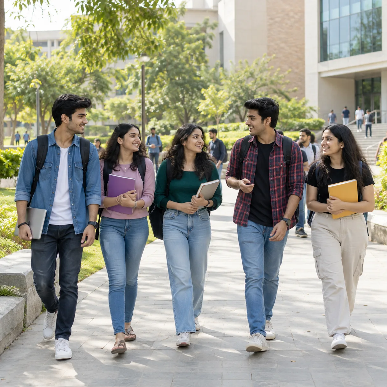 Students walking together on a modern college campus
