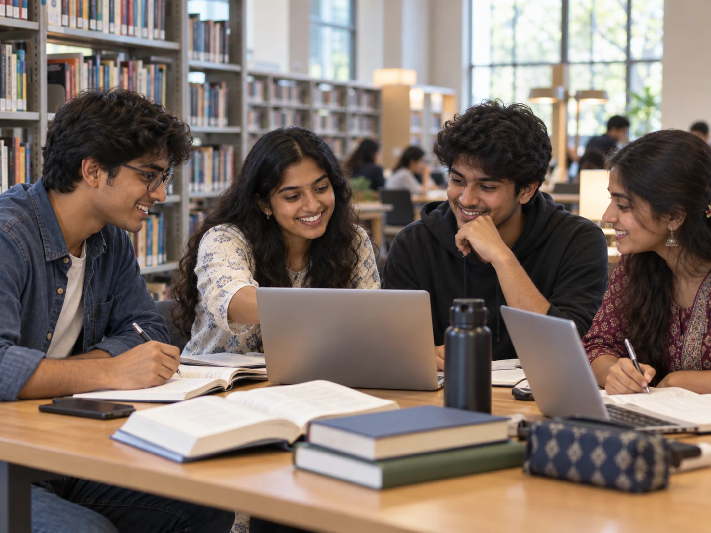 Undergraduate students studying together in a modern college library